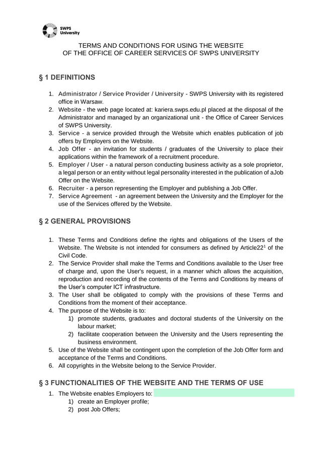 Terms And Conditions For Using The Website Of The Office Of Career Services Of SWPS University screenshot