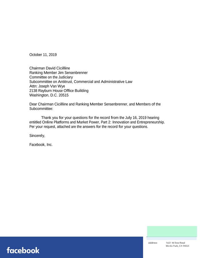 Questions From Chairman Cicilline To Facebook, Inc. screenshot