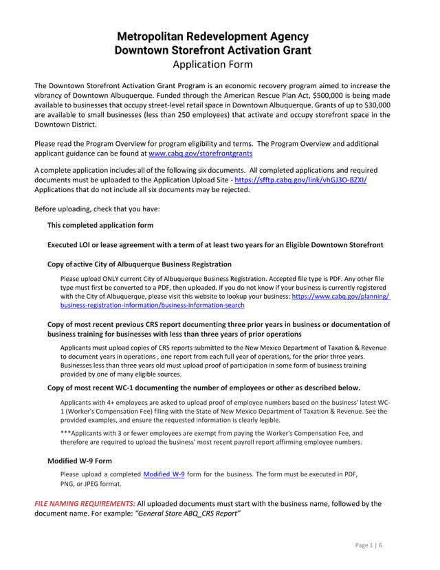 Downtown Storefront Activation Grant Application Form screenshot