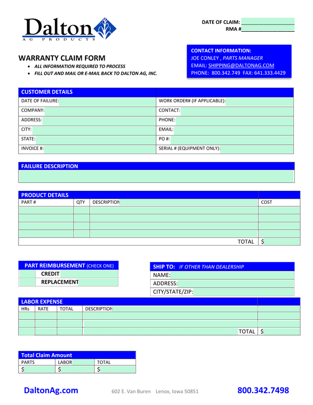 Warranty Claim Form screenshot