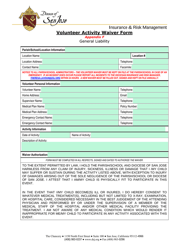Volunteer Activity Waiver Form screenshot