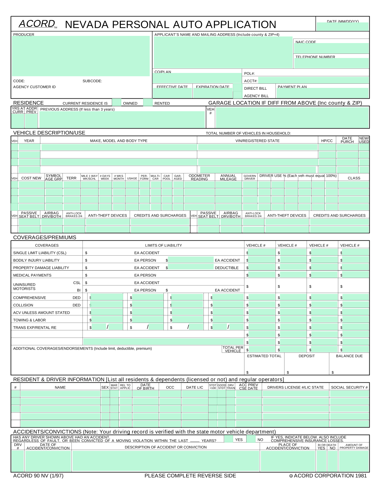 Nevada Personal Auto Application (ACORD 90 NV) screenshot