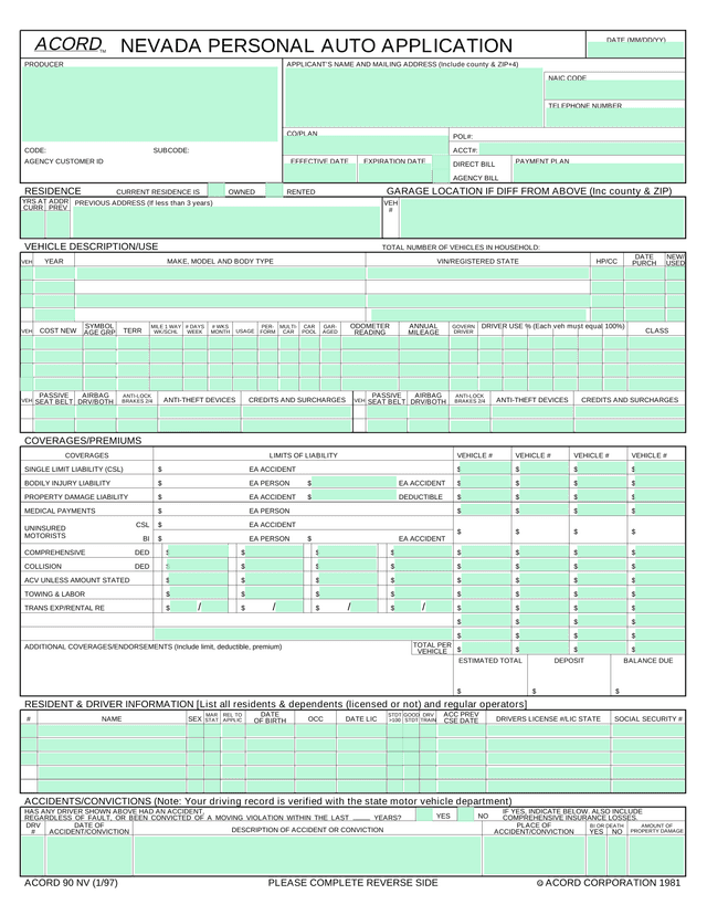 Nevada Personal Auto Application (ACORD 90 NV) screenshot