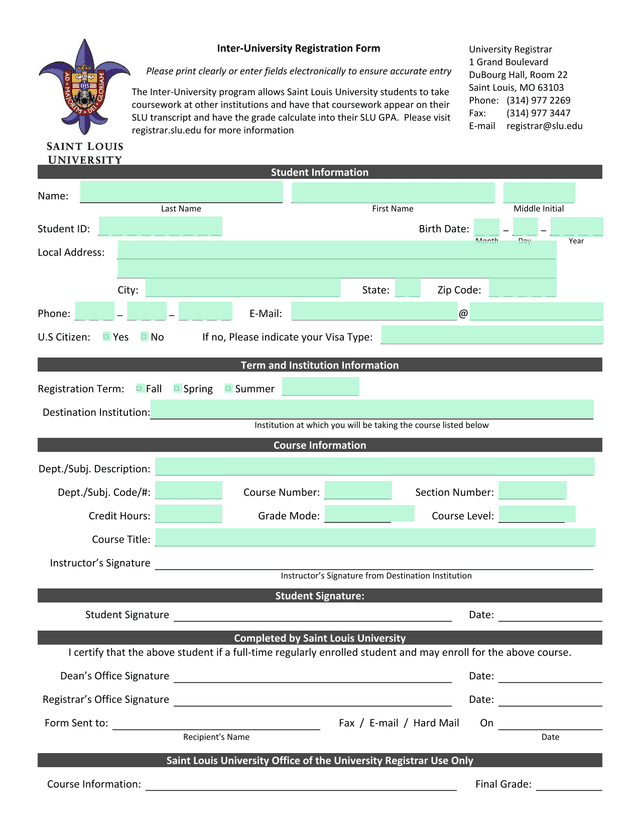 Inter University Registration Form screenshot