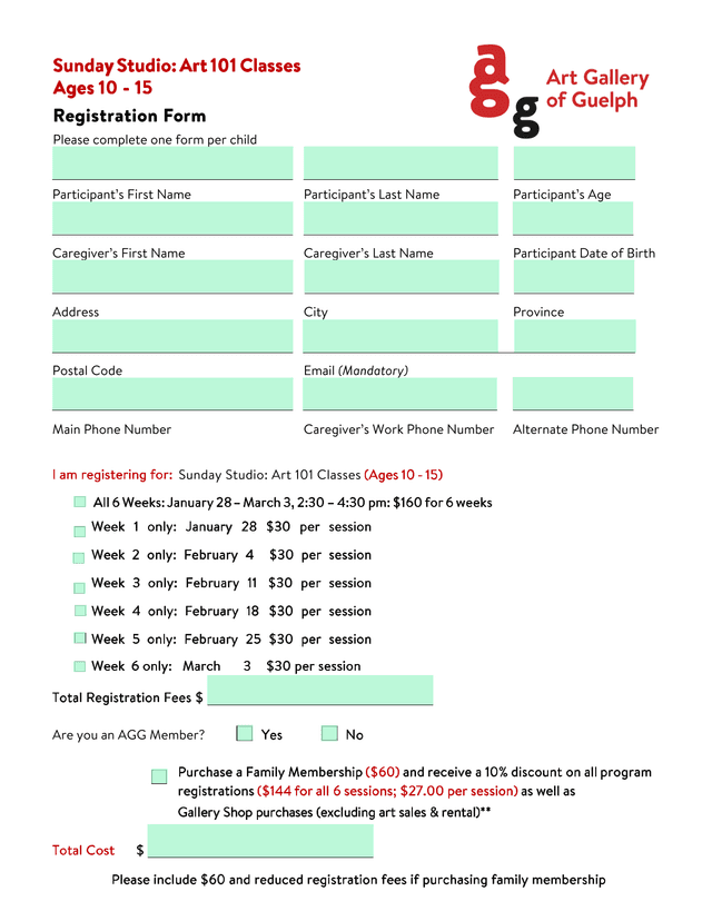 Sunday Studio Art 101 Classes Registration Form screenshot