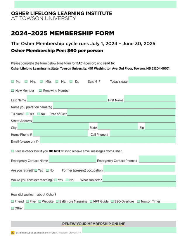 OSHER LIFELONG LEARNING INSTITUTE AT TOWSON UNIVERSITY 20242025 MEMBERSHIP FORM screenshot