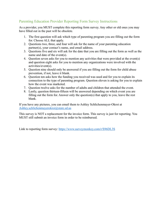 Parenting Education Provider Reporting Form Survey Instructions screenshot