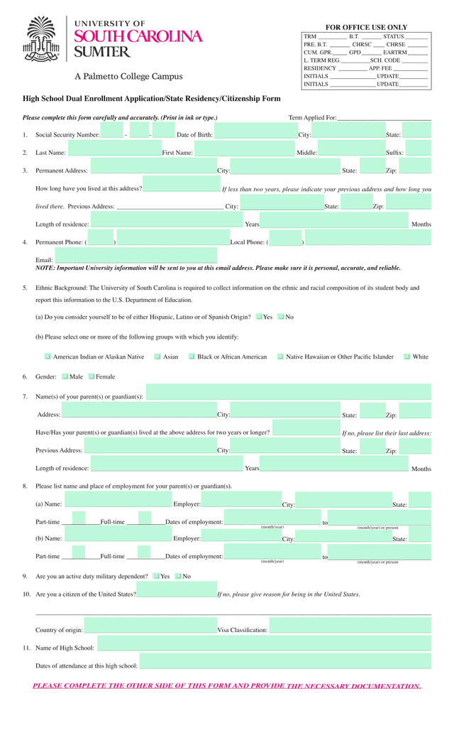 High School Dual Enrollment ApplicationState ResidencyCitizenship Form screenshot