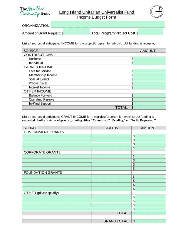 Long Island Unitarian Universalist Fund Income Budget Form screenshot