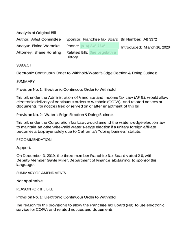 Analysis Of Original Bill AB 3372 screenshot