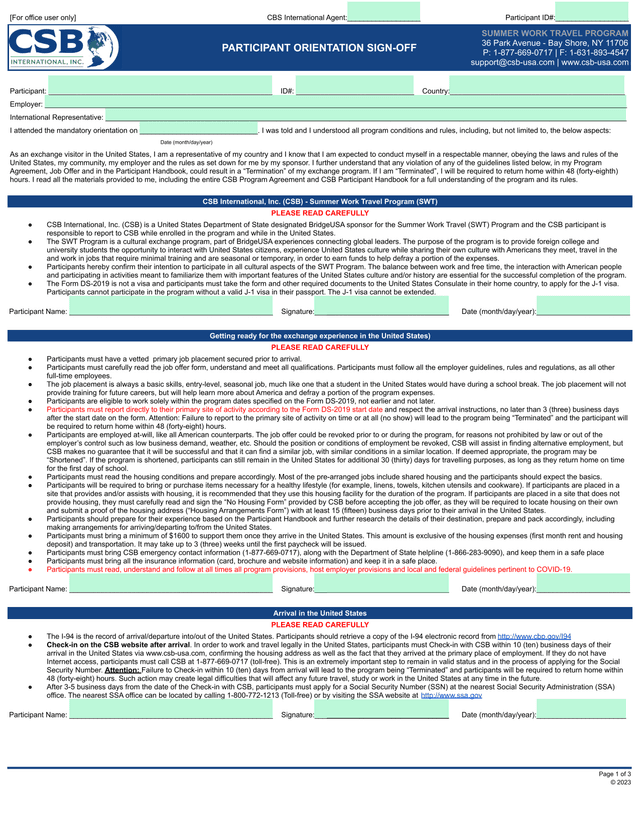Participant Orientation Sign Off   Summer Work Travel Program screenshot