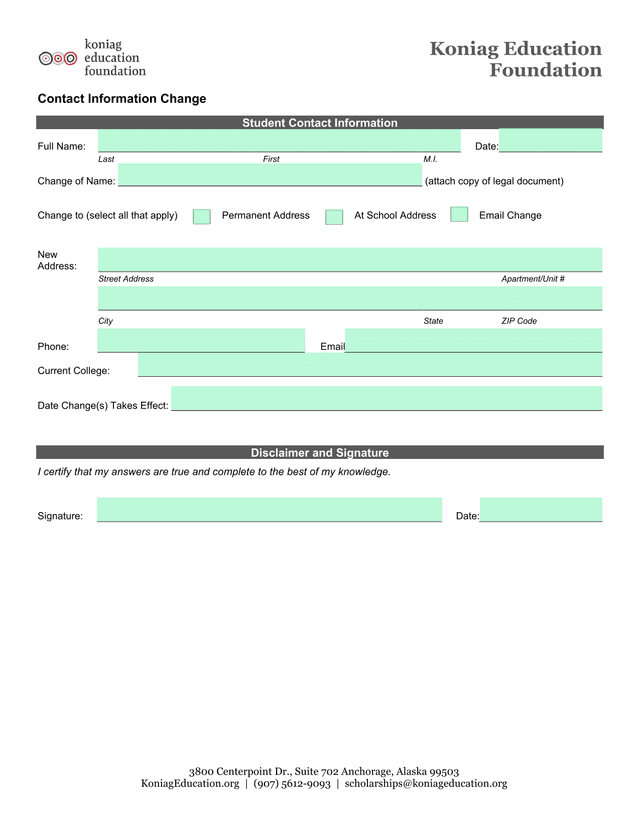Student Contact Information Change screenshot