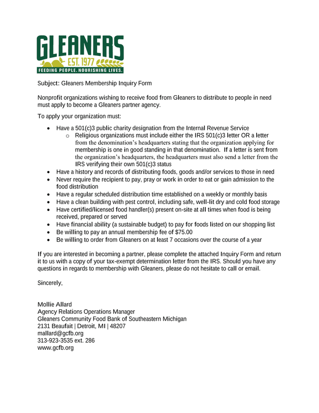 Gleaners Membership Inquiry Form screenshot