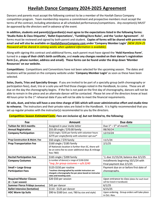 Havilah Dance Company 2024 2025 Agreement screenshot