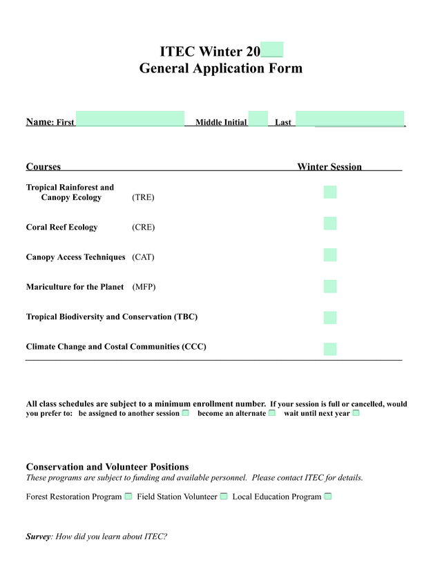 ITEC Winter 20 General Application Form screenshot