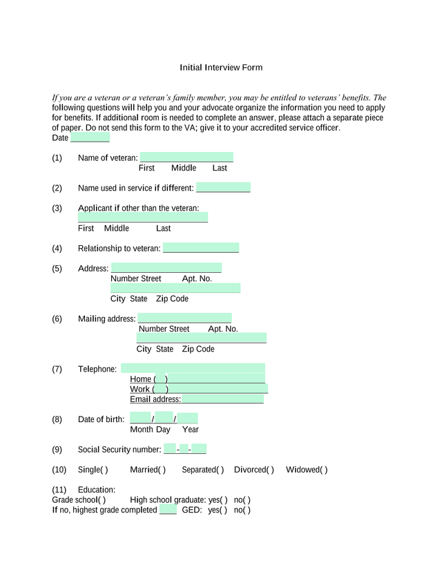 Initial Interview Form screenshot