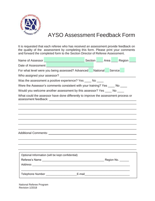 AYSO Assessment Feedback Form screenshot