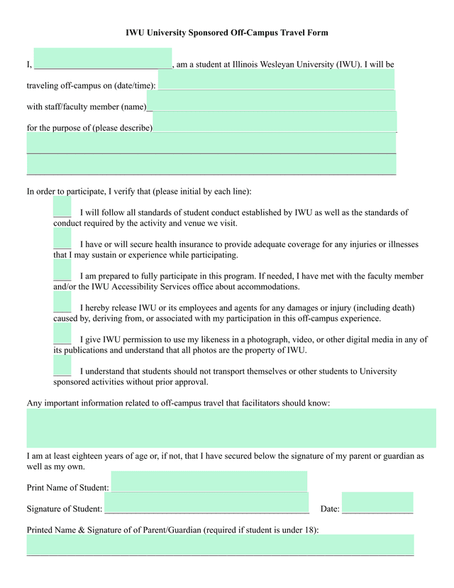 IWU University Sponsored Off Campus Travel Form screenshot