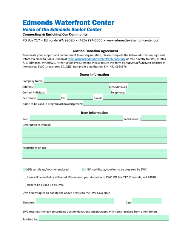 Auction Donation Agreement screenshot