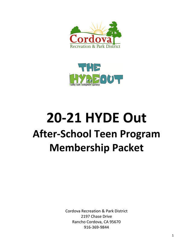 20 21 HYDE Out After School Teen Program Membership Packet screenshot