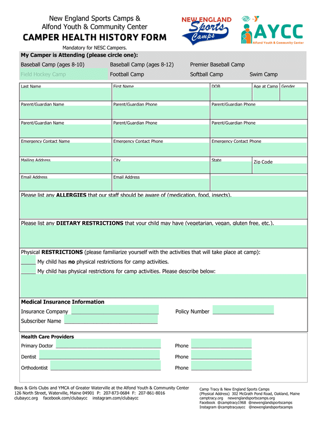 Alfond Youth  Community Center  New England Sports Camps Medical History Form 2023 screenshot
