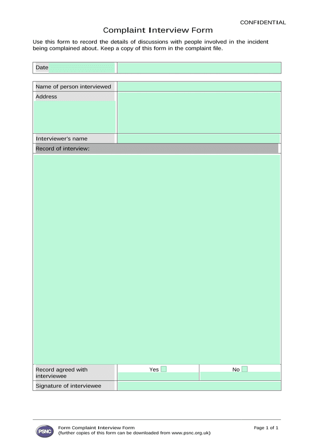 Complaint Interview Form screenshot