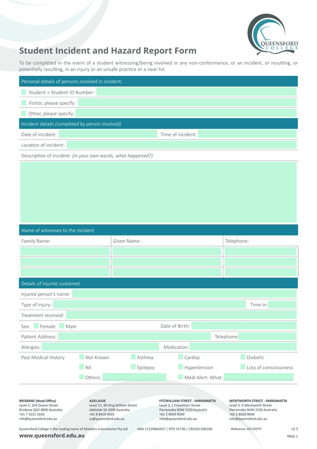 Student Incident And Hazard Report Form screenshot