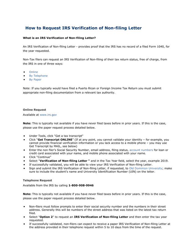 IRS Verification Of Non Filing Letter Request Guide screenshot
