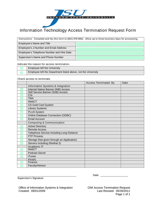Information Technology Access Termination Request Form screenshot