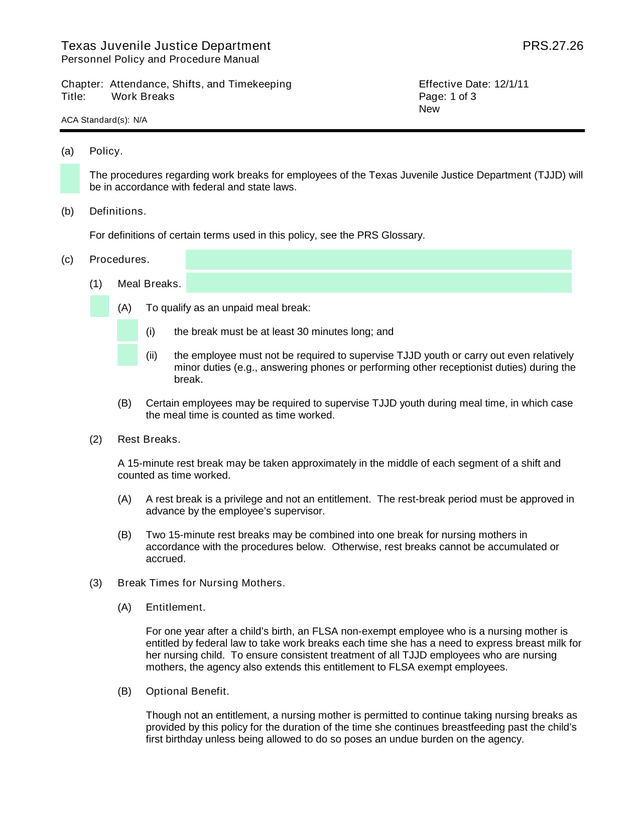 PRS.27.26 Personnel Policy And Procedure Manual   Work Breaks screenshot