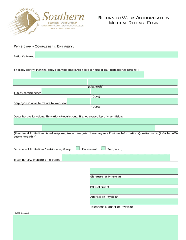 Return To Work Authorization Medical Release Form screenshot