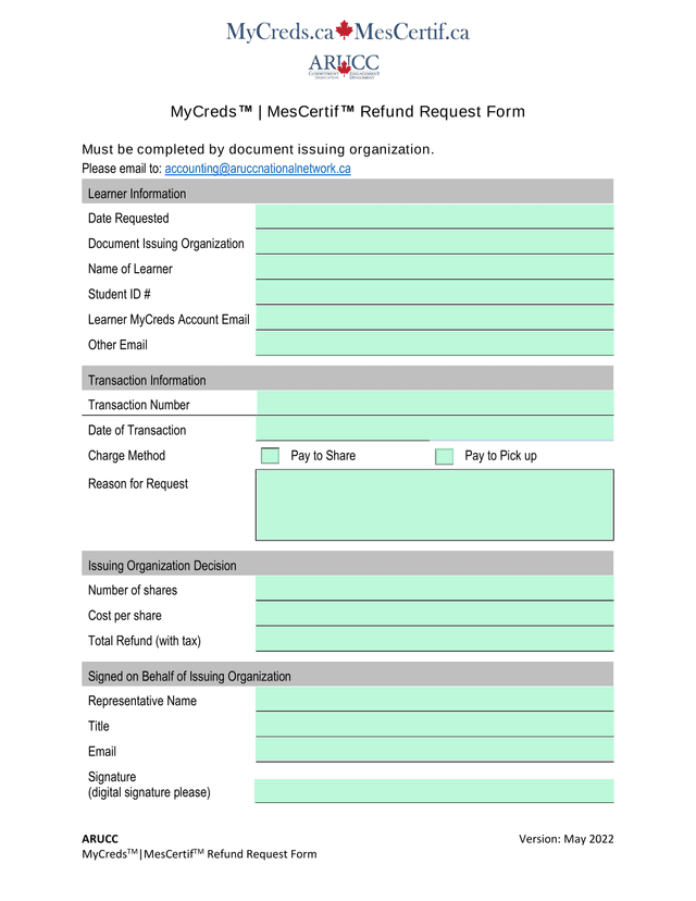 MyCredsTMMesCertifTM Refund Request Form screenshot