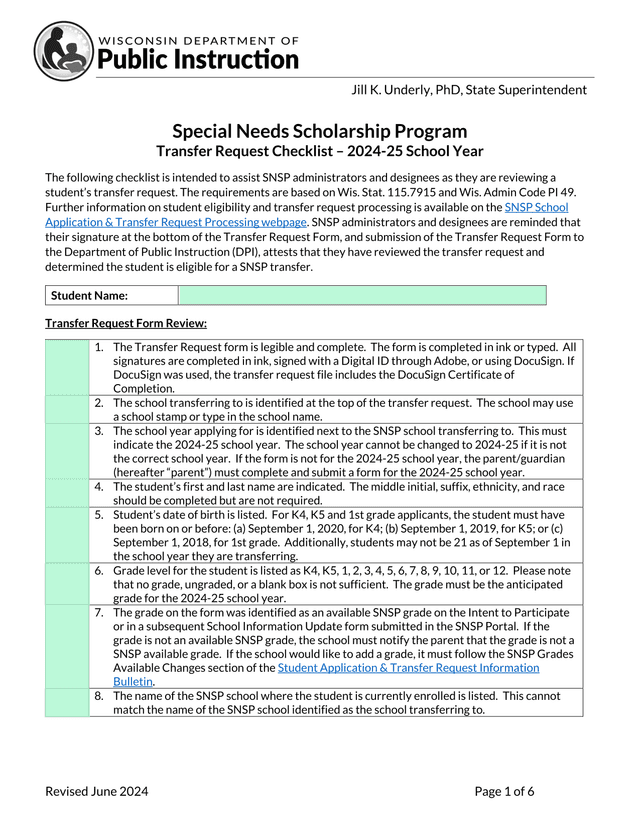 Special Needs Scholarship Program Transfer Request Checklist  2024 25 School Year screenshot