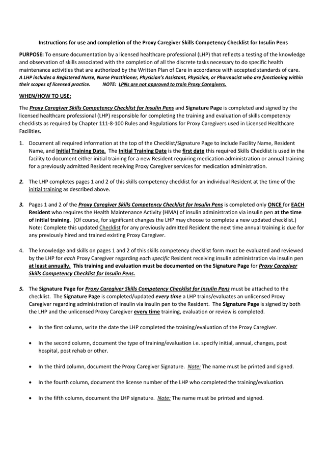 Proxy Caregiver Skills Competency Checklist For Insulin Pens screenshot