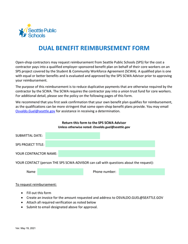 Dual Benefit Reimbursement Form screenshot