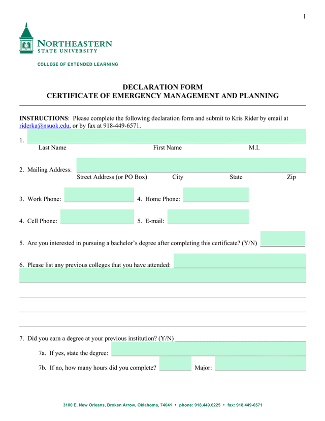 Declaration Form Certificate Of Emergency Management And Planning screenshot