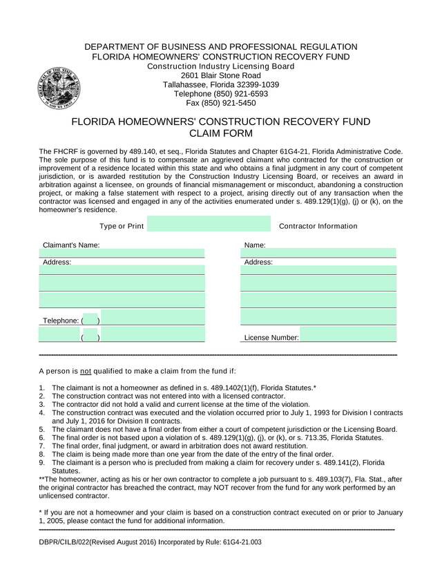 FLORIDA HOMEOWNERS CONSTRUCTION RECOVERY FUND CLAIM FORM screenshot