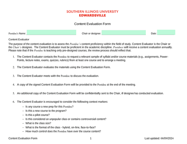 Content Evaluation Form screenshot