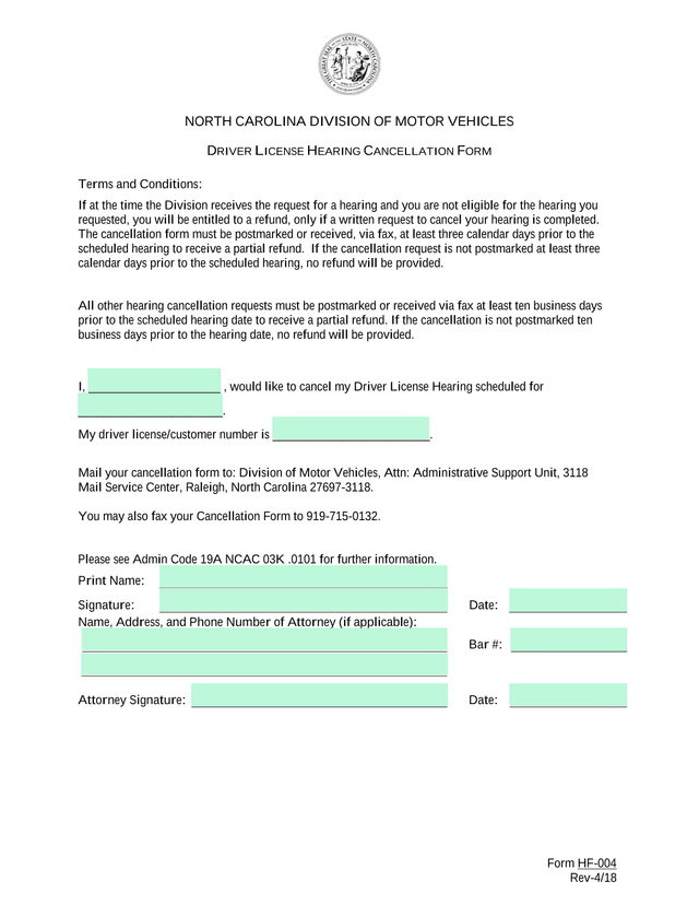 DRIVER LICENSE HEARING CANCELLATION FORM screenshot