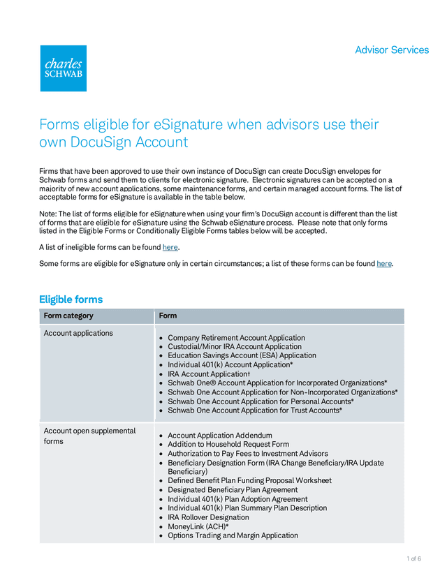 Charles Schwab Advisor DocuSign Form Eligibility screenshot