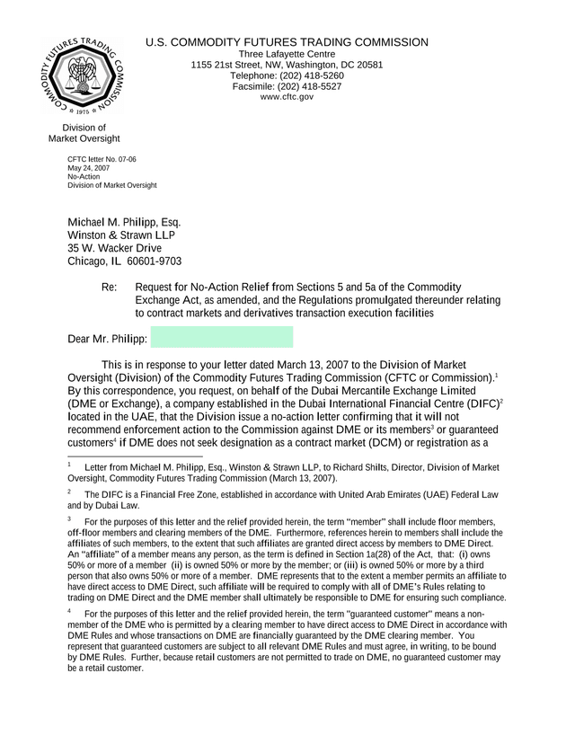 CFTC Letter No. 07 06 screenshot