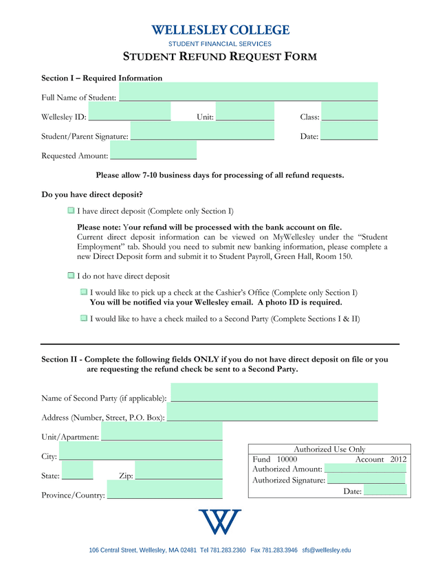 STUDENT REFUND REQUEST FORM screenshot