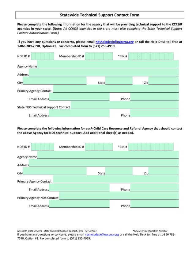 NACCRRA Data Services   State Technical Support Contact Form screenshot