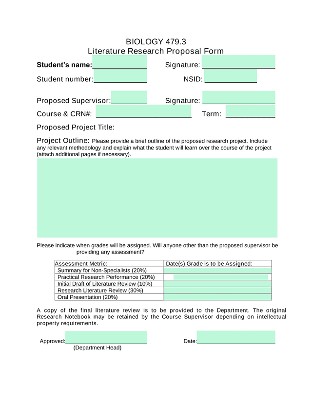 BIOLOGY 479.3 Literature Research Proposal Form screenshot