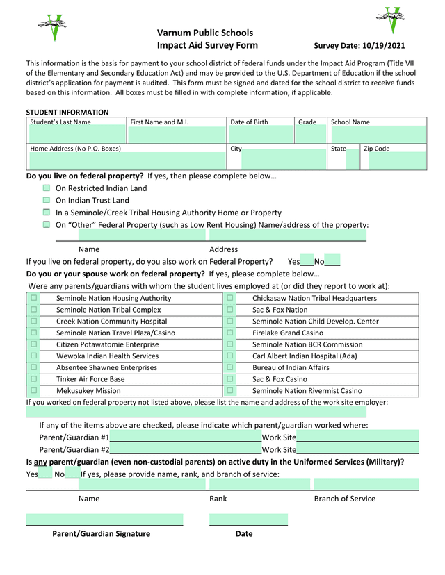 Varnum Public Schools Impact Aid Survey Form screenshot