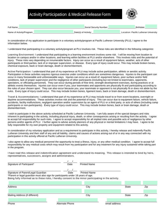 Activity Participation  Medical Release Form screenshot
