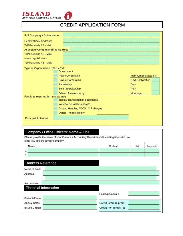 CREDIT APPLICATION FORM screenshot