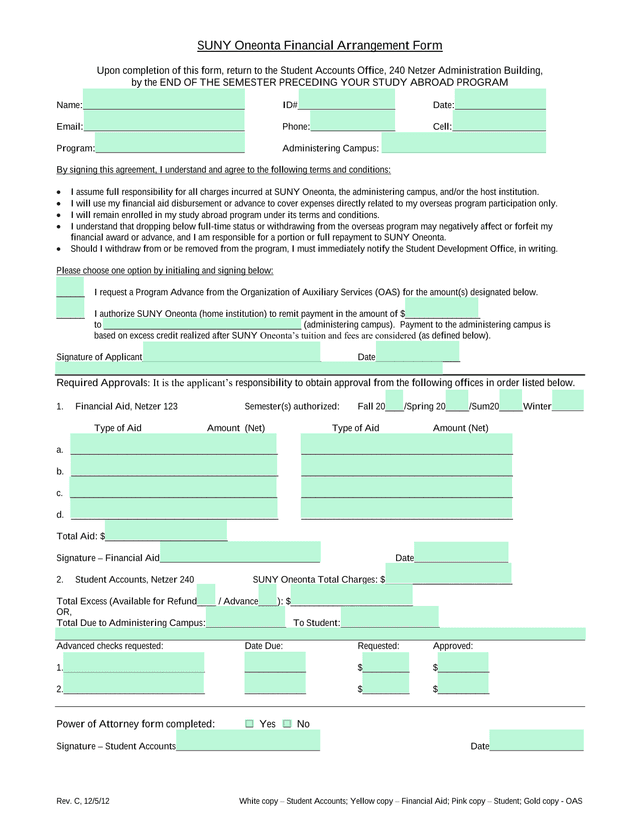 SUNY Oneonta Financial Arrangement Form screenshot