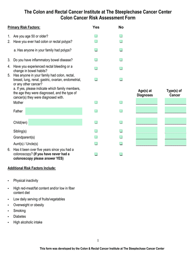 Colon Cancer Risk Assessment Form screenshot