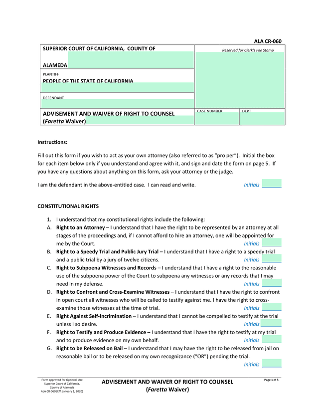 Advisement And Waiver Of Right To Counsel (Faretta Waiver) screenshot